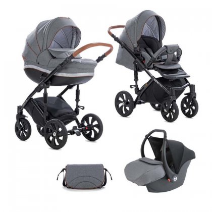 Детская коляска Tutis Mimi Style 3 в 1 332/A Серый лен+Серо-белый квадрат+кожа Корич