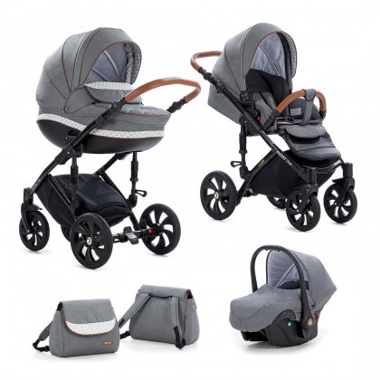 Детская коляска Tutis Mimi Style 3 в 1 333/ Серый Лен + Серо-белый узор+ кожа Корич.