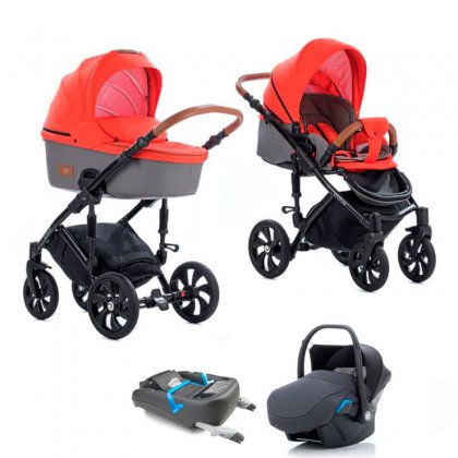 Коляска Tutis Viva Life 3 в 1 + база IsoFix №081 Оранжево-красный+Кожа Серая