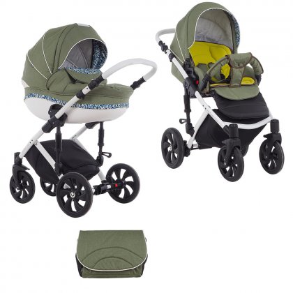 Детская коляска Tutis Mimi Style 2 в 1 337/2 Оливковый+ Сине-бело-зеленый узор +кожа Белая рама