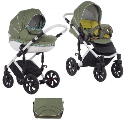 Детская коляска Tutis Mimi Style 2 в 1 337/1 Оливковый+ Зелено-серый узор+кожа Белая рама