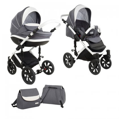 Детская коляска Tutis Mimi Style 2 в 1 329 / Серый Лен + кожа Белая рама