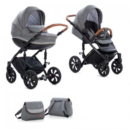Детская коляска Tutis Mimi Style 2 в 1 332 / Серый лен + Серый ромб + кожа Корич.