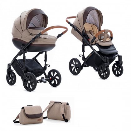 Детская коляска Tutis Mimi Style 2 в 1 325/ Бежевый Лен + кожа Коричневая