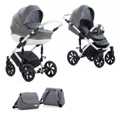 Детская коляска Tutis Mimi Style 2 в 1 331 / Серый Лен + кожа Белая рама