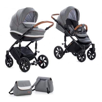 Детская коляска Tutis Mimi Style 2 в 1 333/ Серый Лен + Серо-белый узор+ кожа Корич.